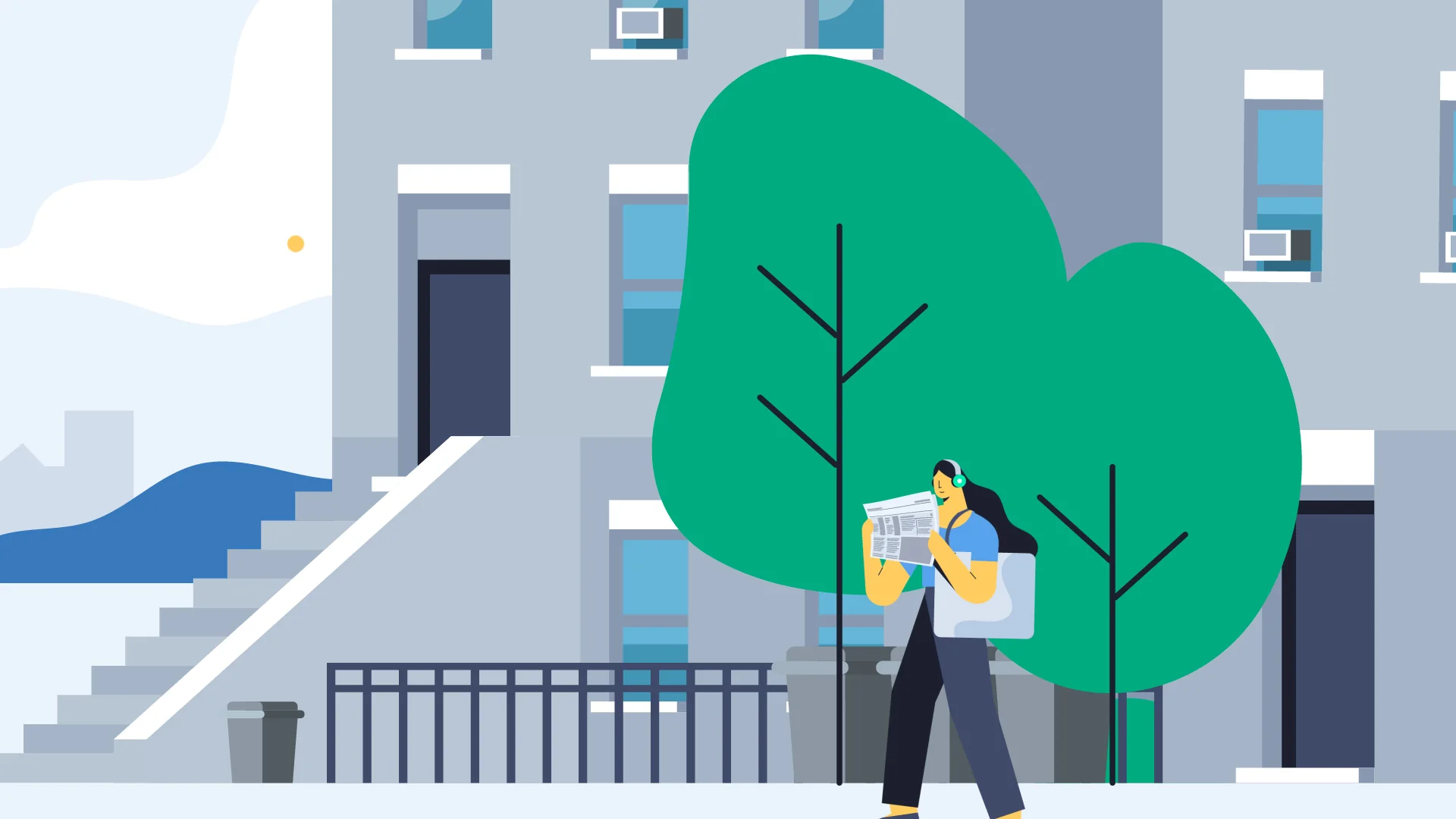 A podcast listener walking past trees and city buildings