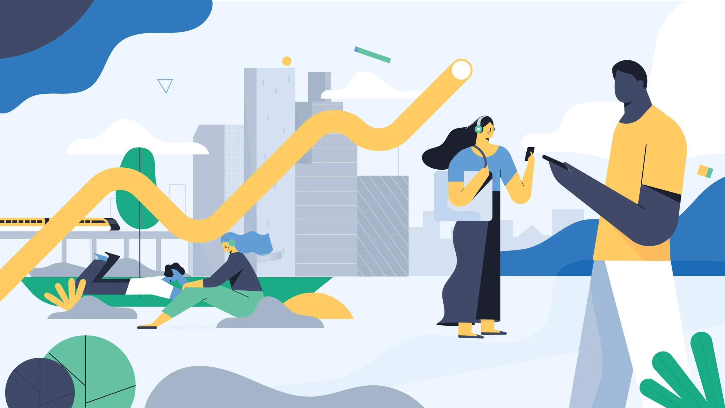 Illustrated podcast listeners in a colourful city scene