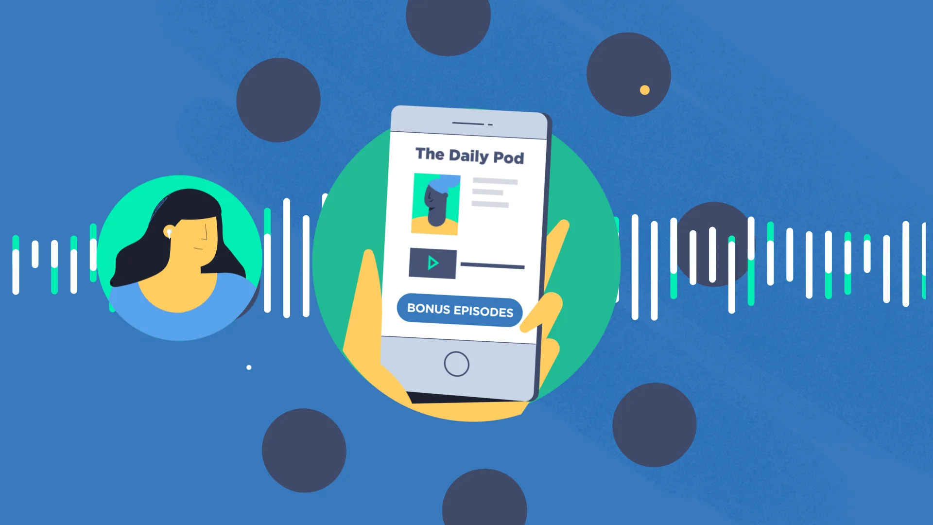 Acast podcast listener and phone surrounded by sound-wave graphics