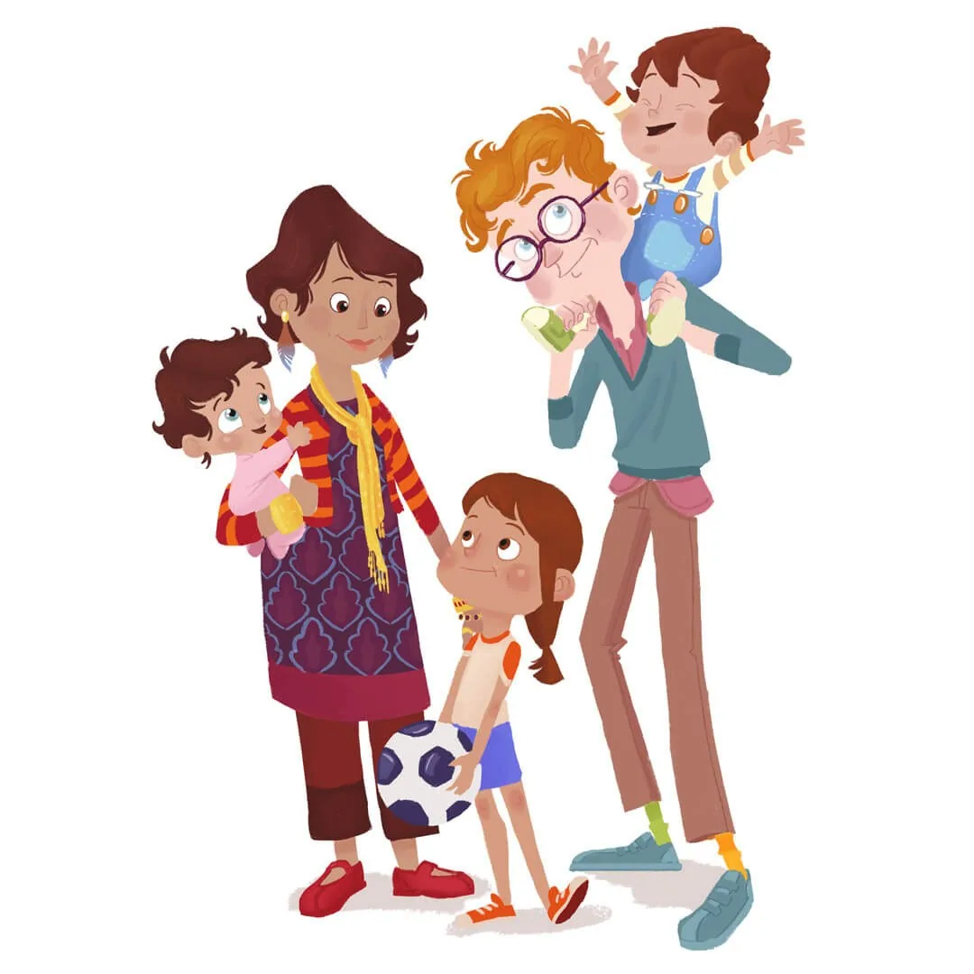 Alternative colour lineup of the family characters for Boy and the Dinosaur