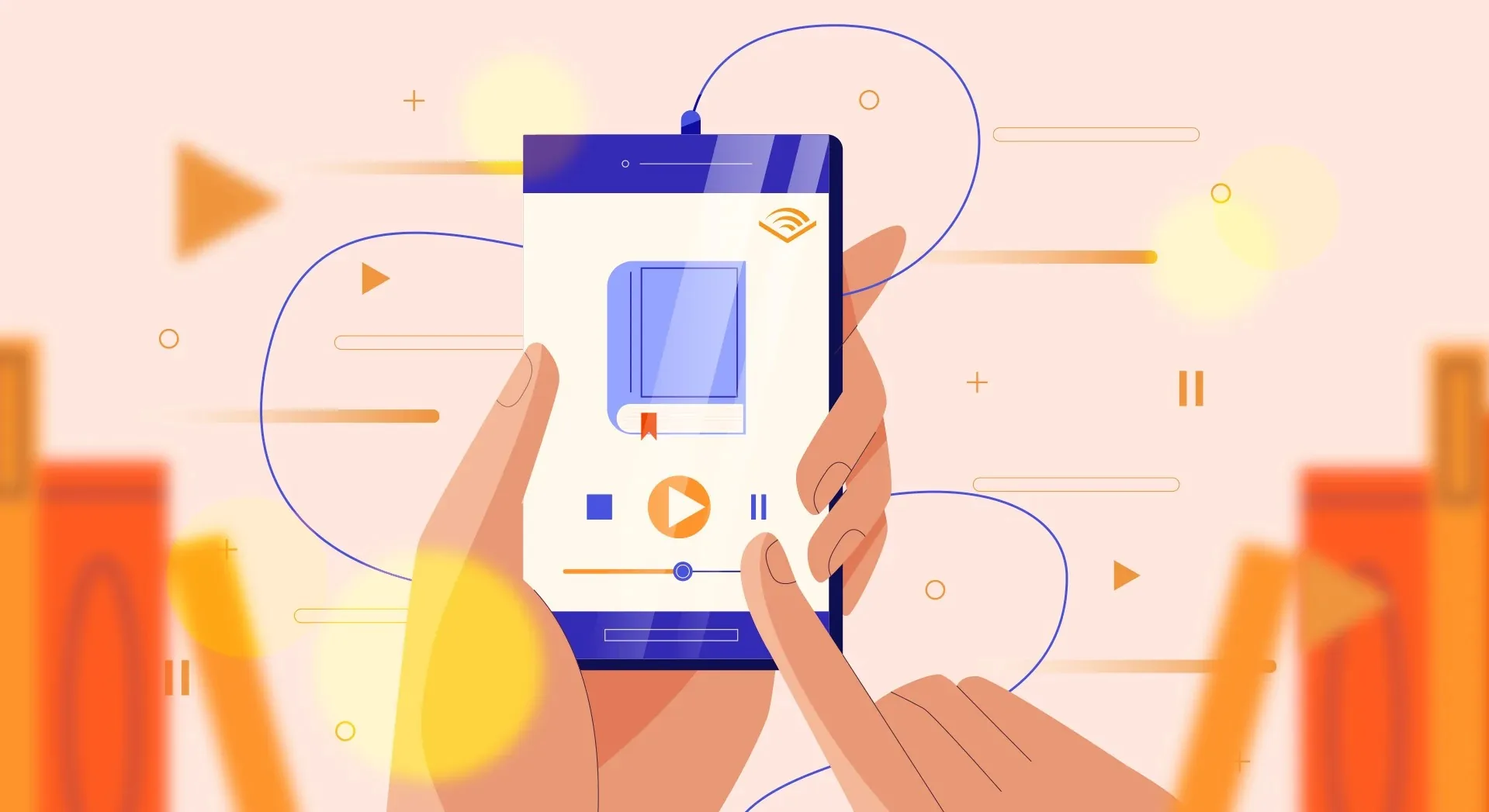 An illustrated hand holding a phone with an Audible audiobook player