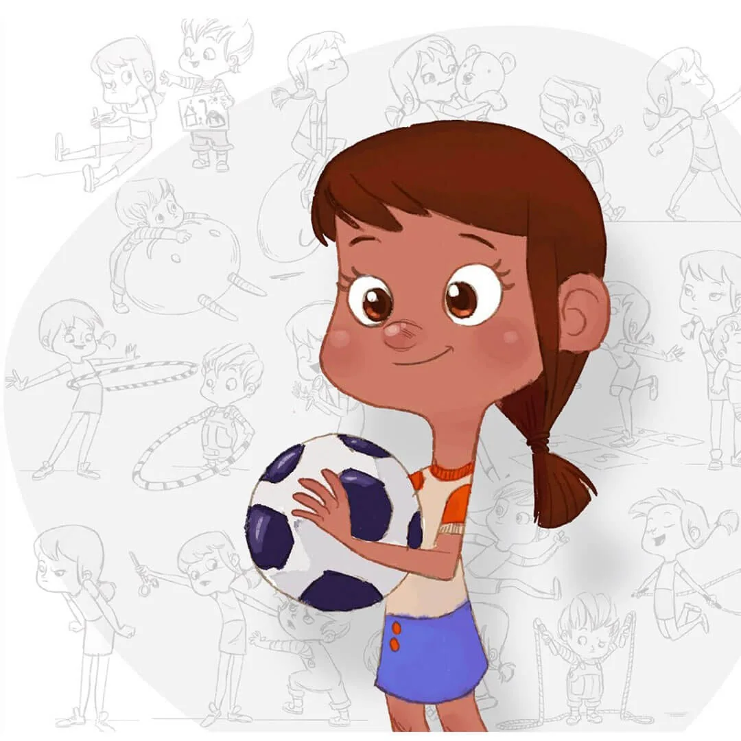Big Sister character portrait holding a football for Boy and the Dinosaur