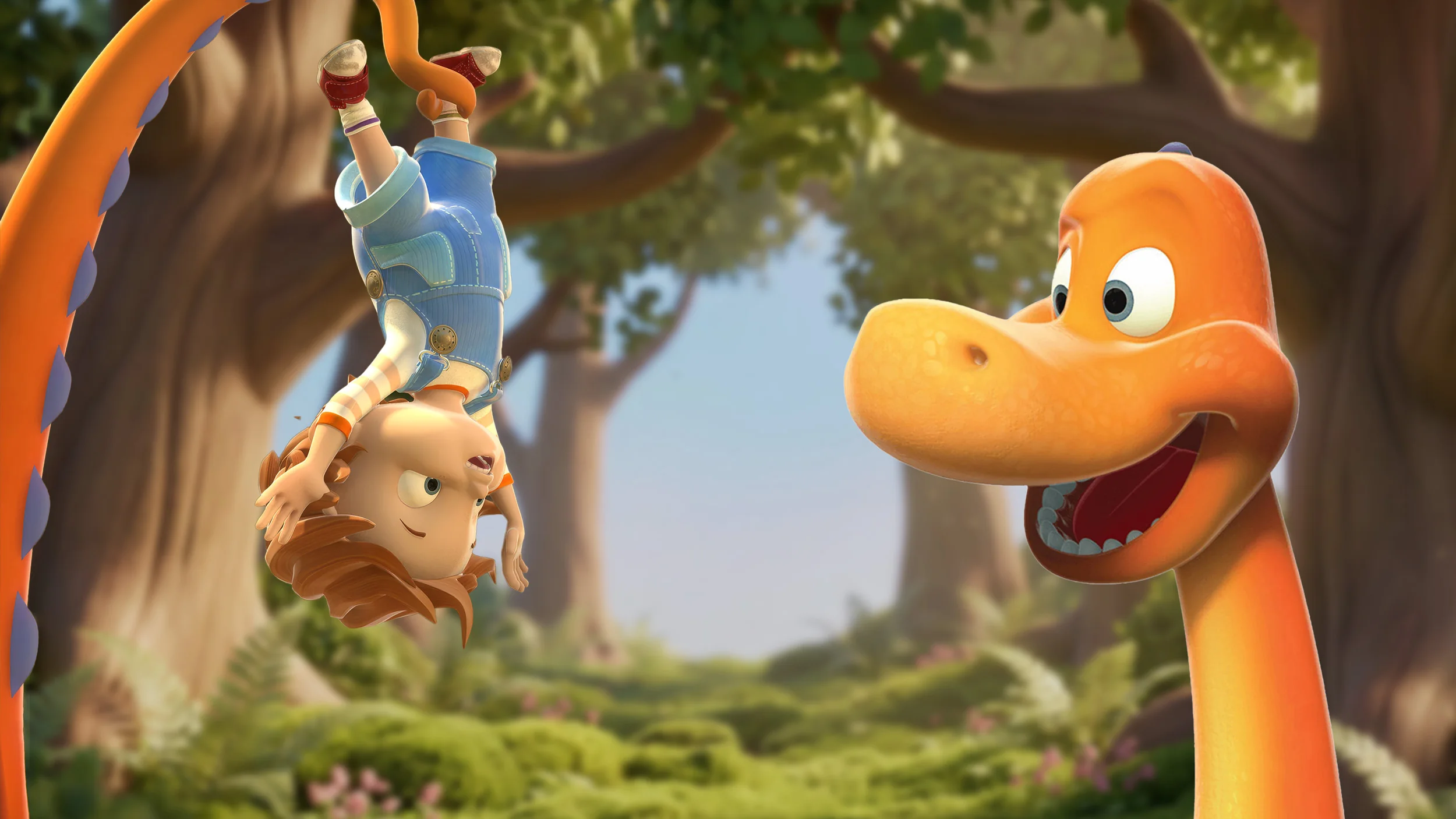 Dinosaur holding Boy upside down with trees behind them