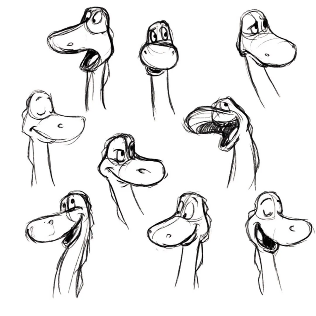 Early dinosaur head and expression sketches