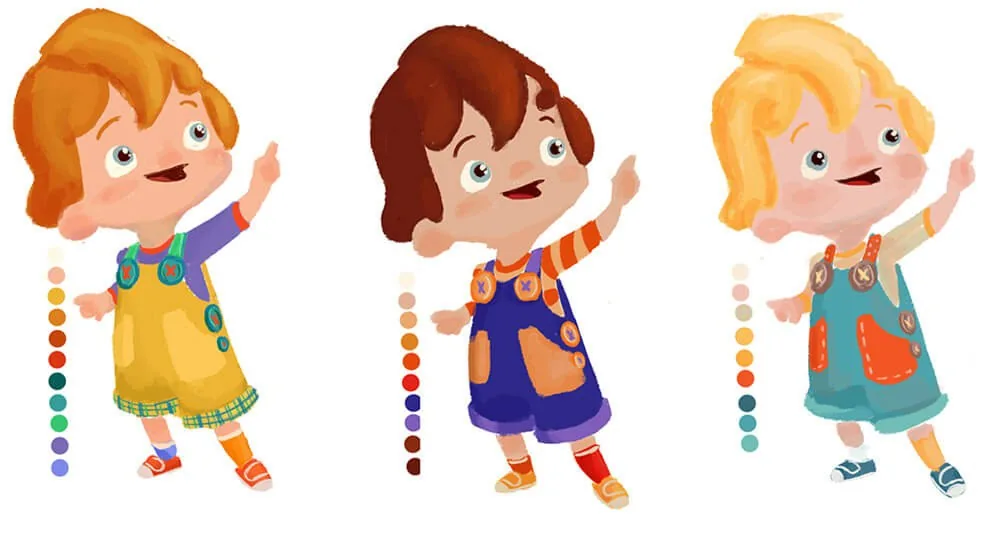 Boy character colour studies with different hair and clothing colours for Boy and the Dinosaur