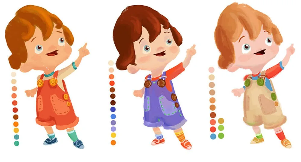 Boy clothing and colour variations for character development for Boy and the Dinosaur