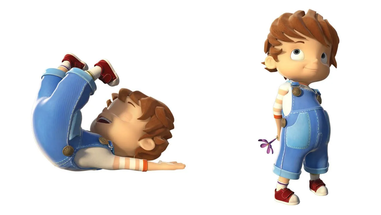 Boy doing a forward roll and standing in blue pyjamas for Boy and the Dinosaur