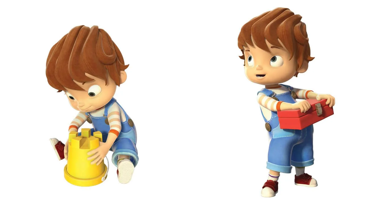 Boy holding a yellow bucket and a wrapped present for Boy and the Dinosaur