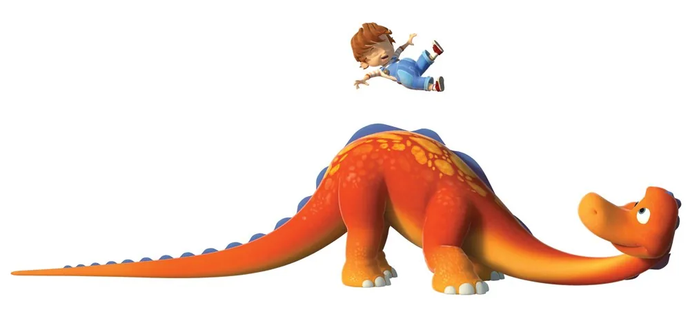 Boy jumping above Dinosaur’s back for Boy and the Dinosaur