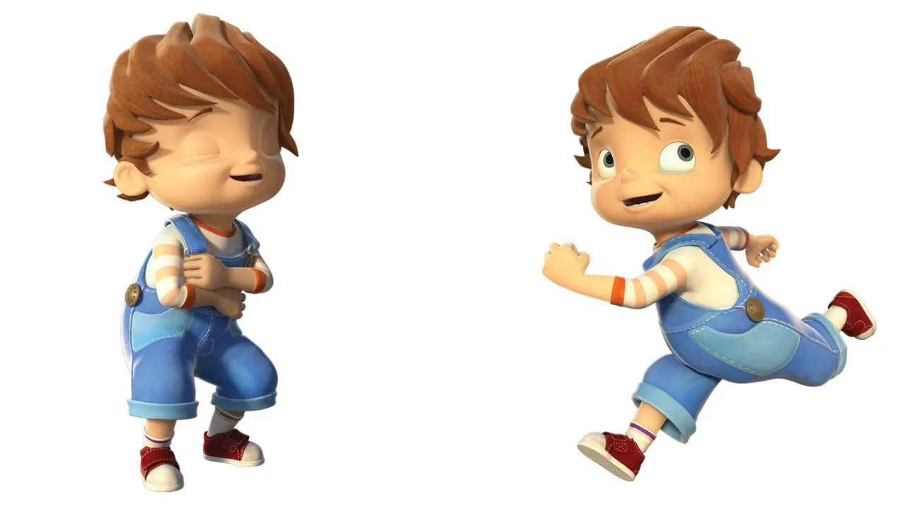 Boy running and balancing in finished 3D character poses for Boy and the Dinosaur
