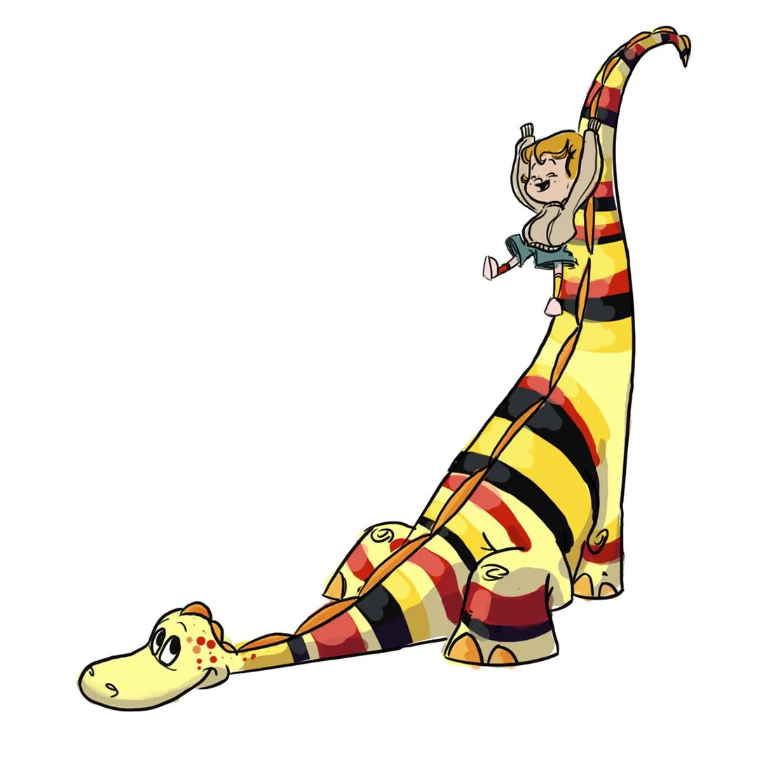 Boy sitting on Dinosaur’s head in an early character illustration for Boy and the Dinosaur