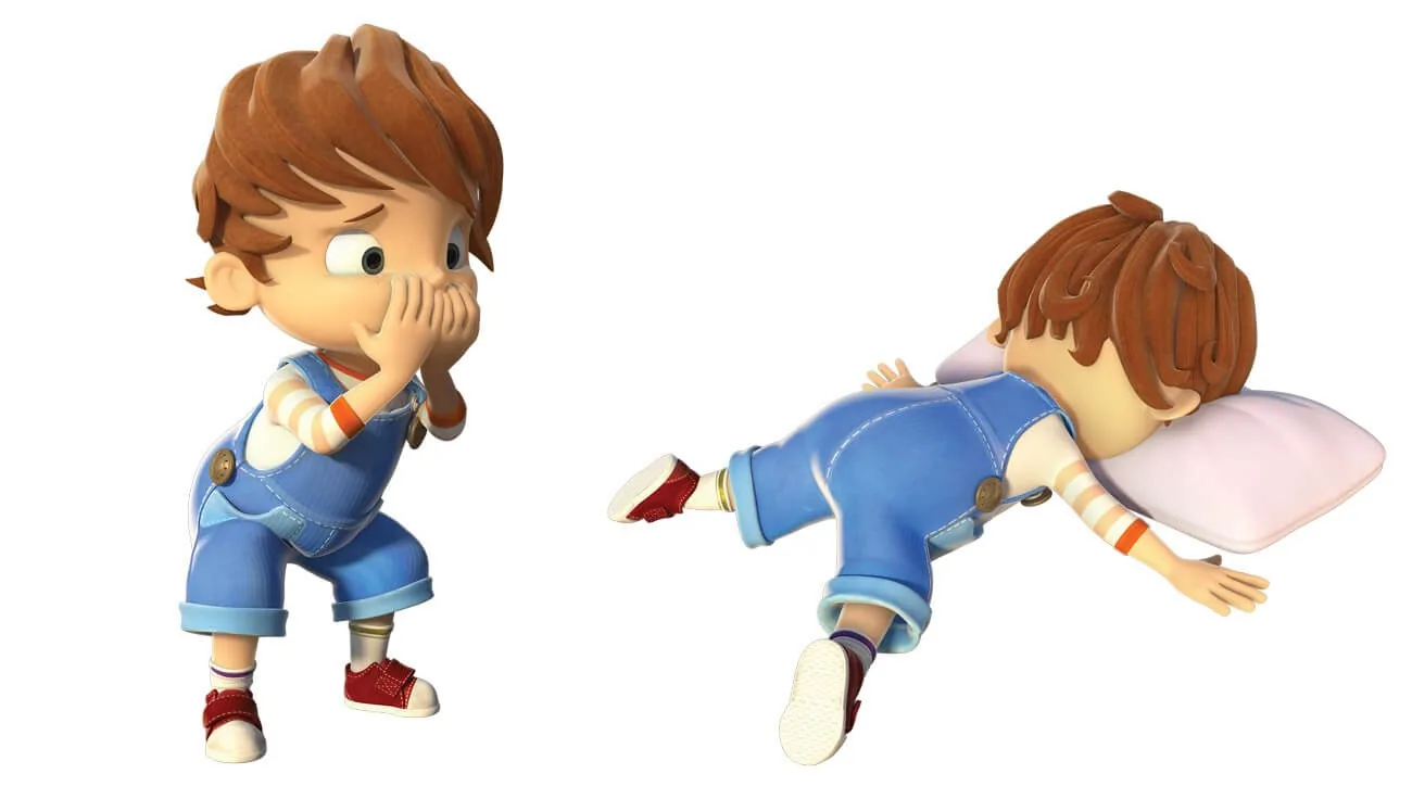 Boy sleeping and making a thoughtful face in 3D character poses for Boy and the Dinosaur