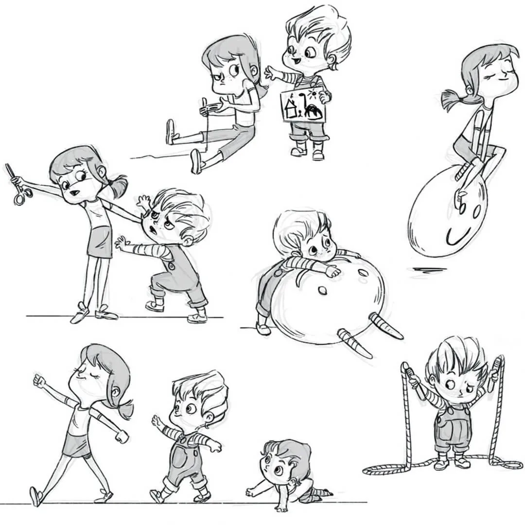 Children’s character action and pose sketches for Boy and the Dinosaur