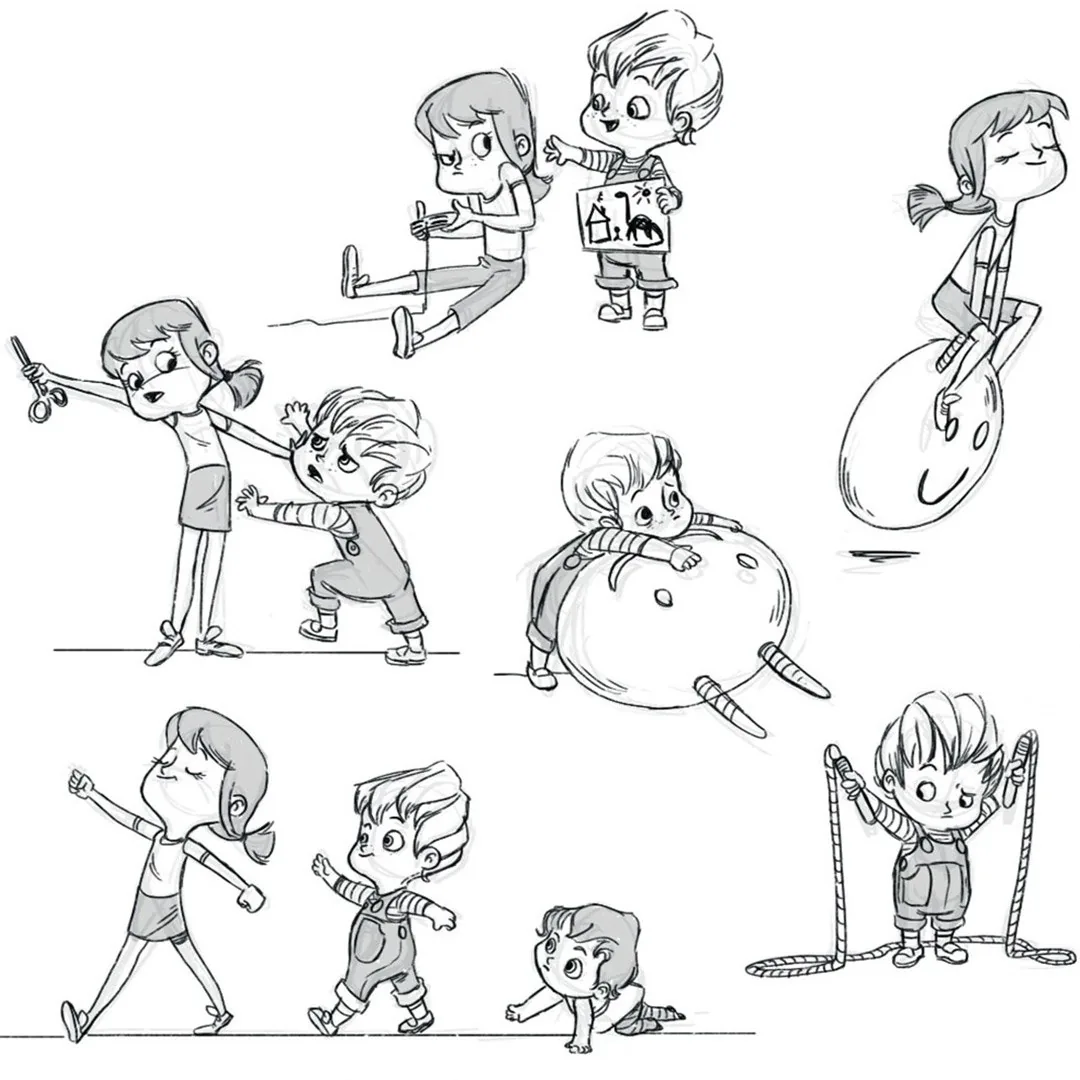 Children’s character gesture sketches for animation for Boy and the Dinosaur