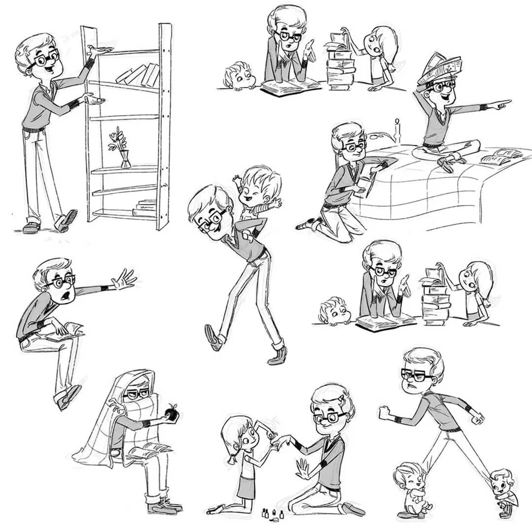 Dad character action sketches for animation for Boy and the Dinosaur