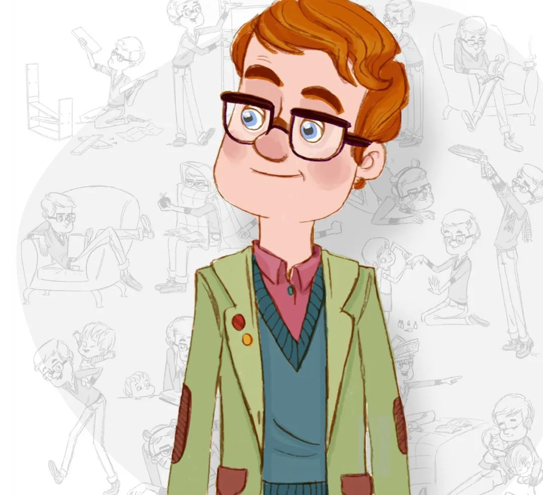 Dad character portrait with glasses and a green jacket for Boy and the Dinosaur