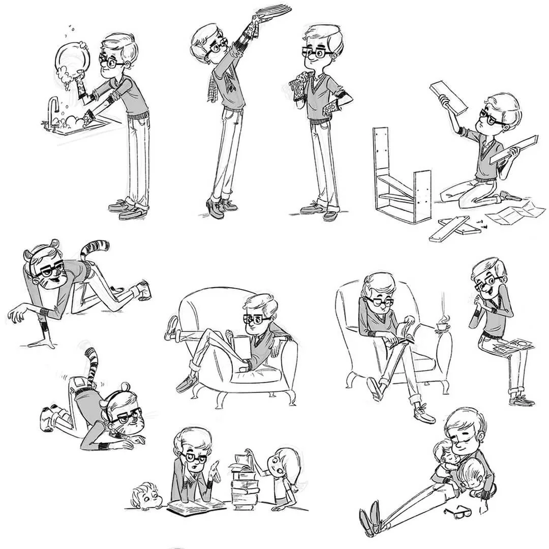 Dad character pose sketches with a newspaper and tea for Boy and the Dinosaur