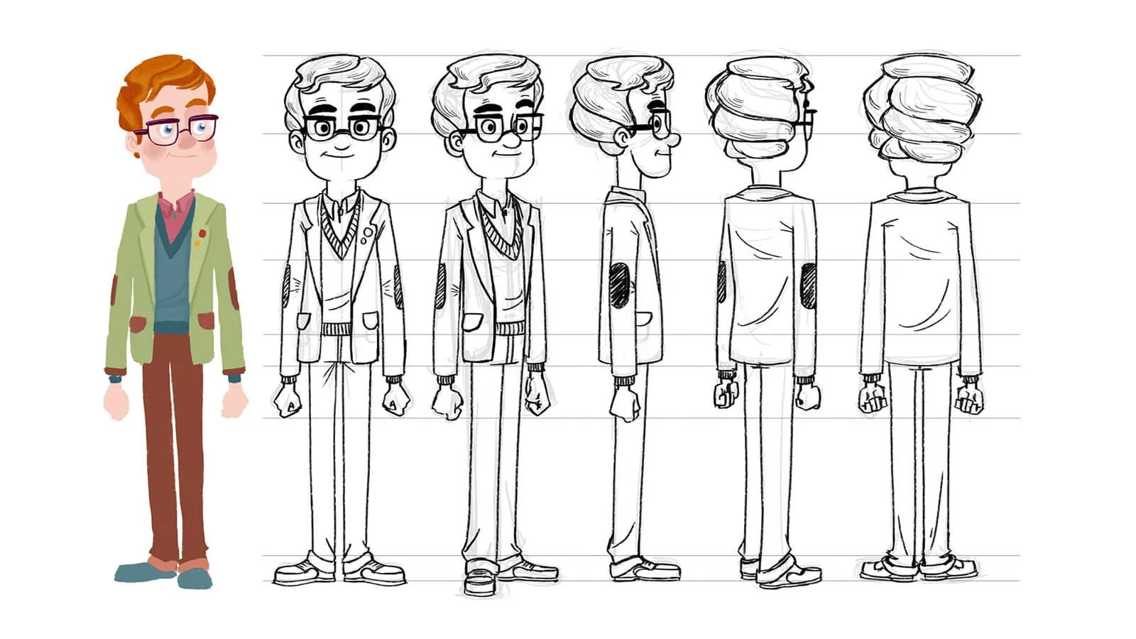 Dad character turnaround with front side and rear views for Boy and the Dinosaur