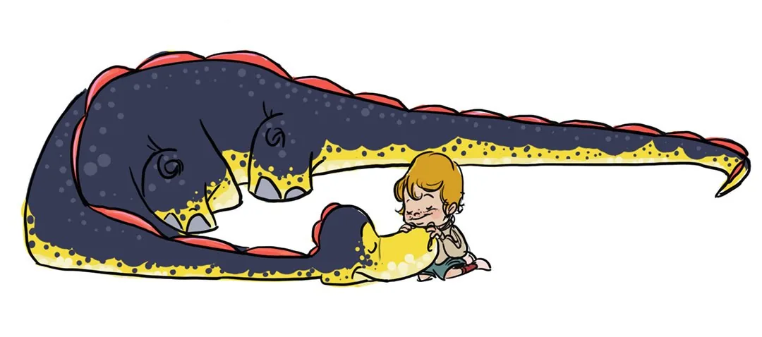 Dinosaur sleeping with a long curled tail in an early colour design for Boy and the Dinosaur