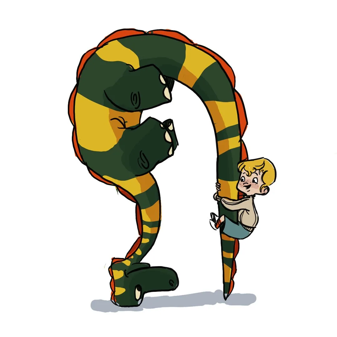 Early Dinosaur colour design with Boy hanging from his curved neck for Boy and the Dinosaur
