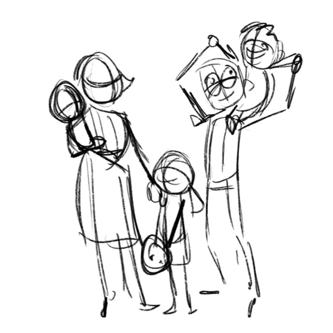 Early line drawing of Boy’s family for Boy and the Dinosaur
