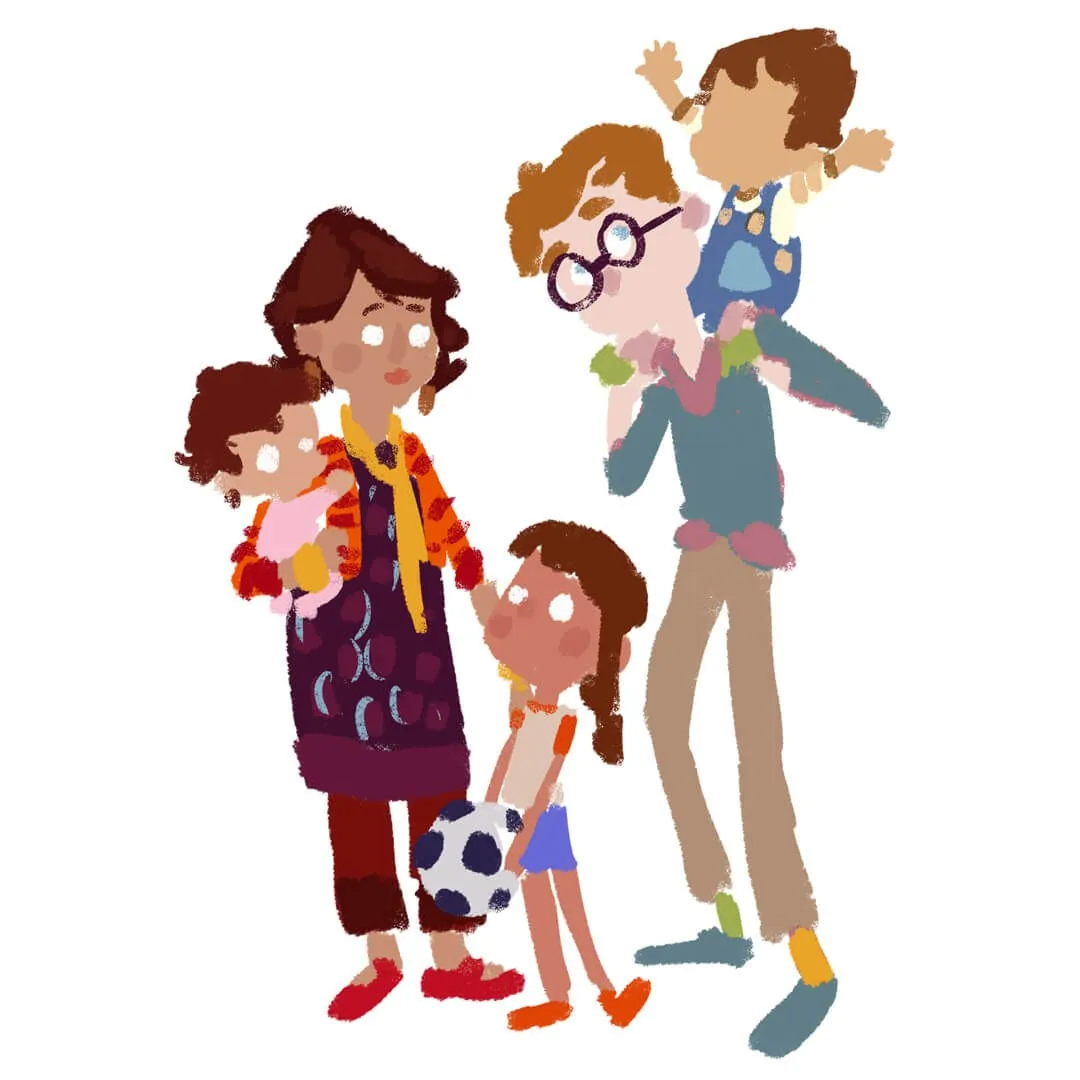 Family character lineup in colour for Boy and the Dinosaur