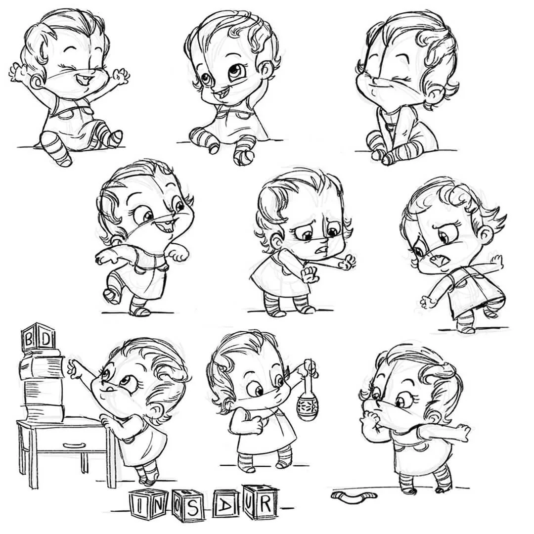 Little Sister action and pose sketches for Boy and the Dinosaur