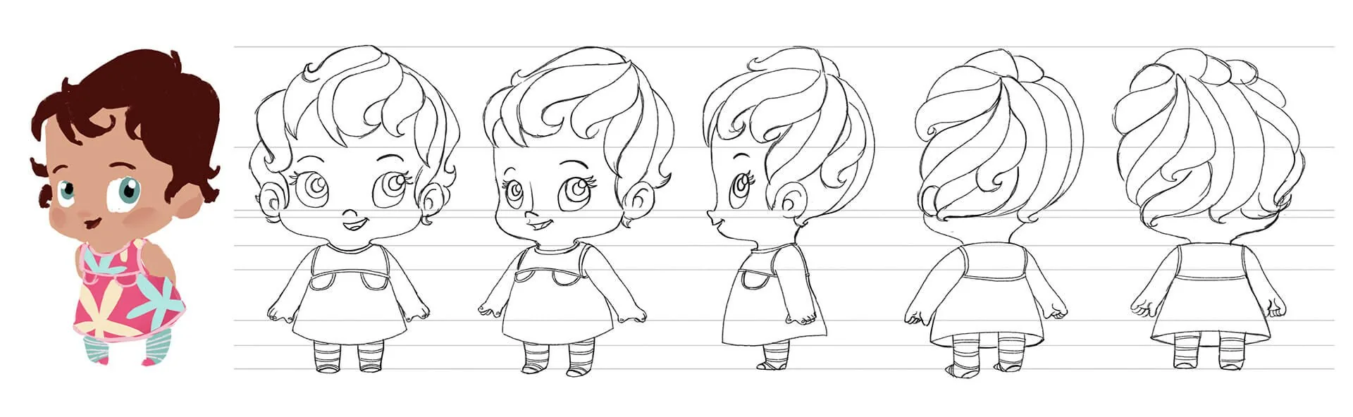 Little Sister character turnaround drawings for Boy and the Dinosaur