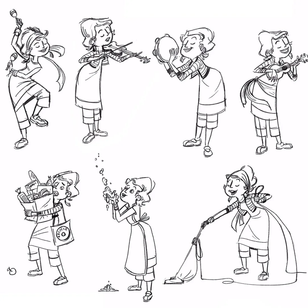 Mum character action poses including gardening for Boy and the Dinosaur