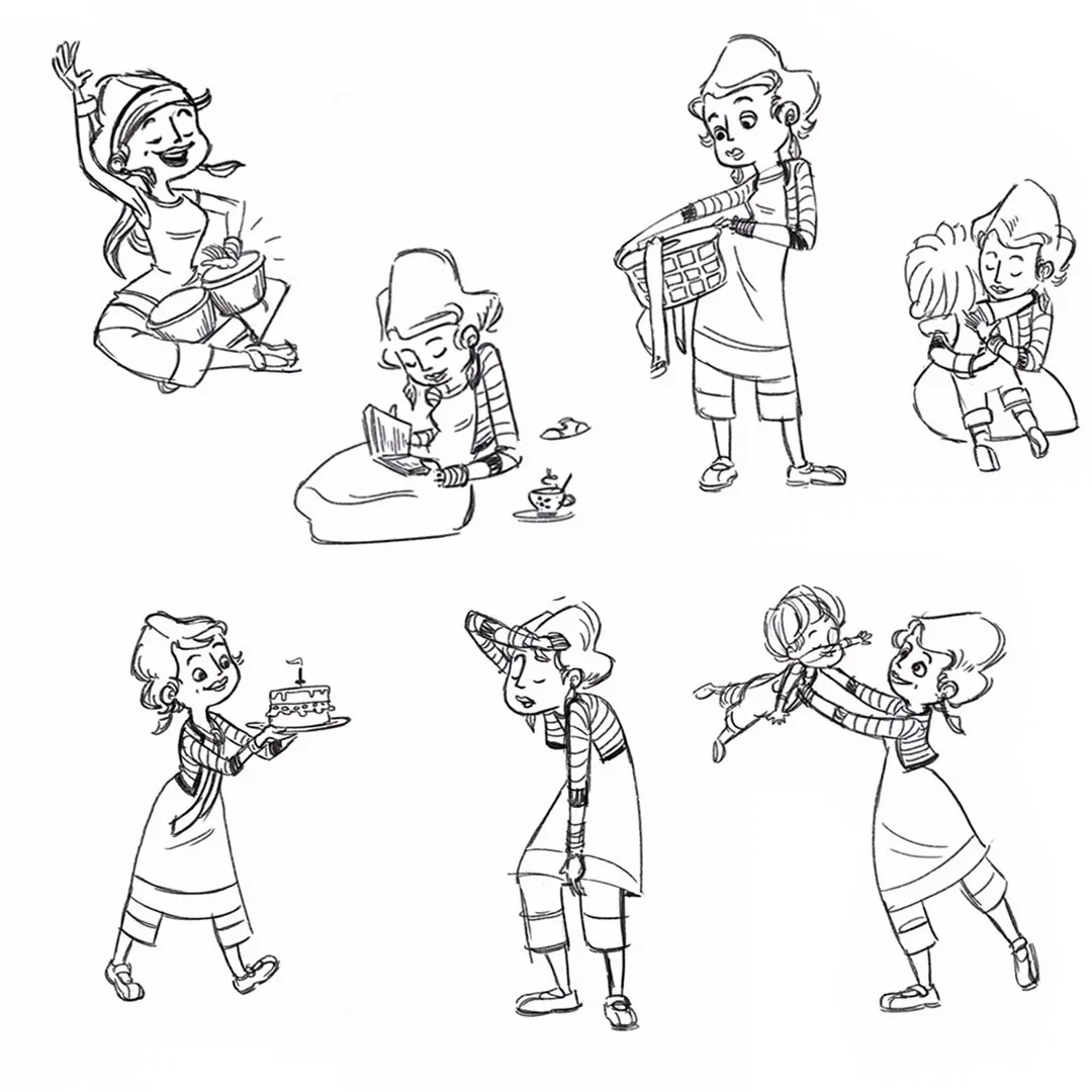 Mum character gesture and expression sketches for Boy and the Dinosaur