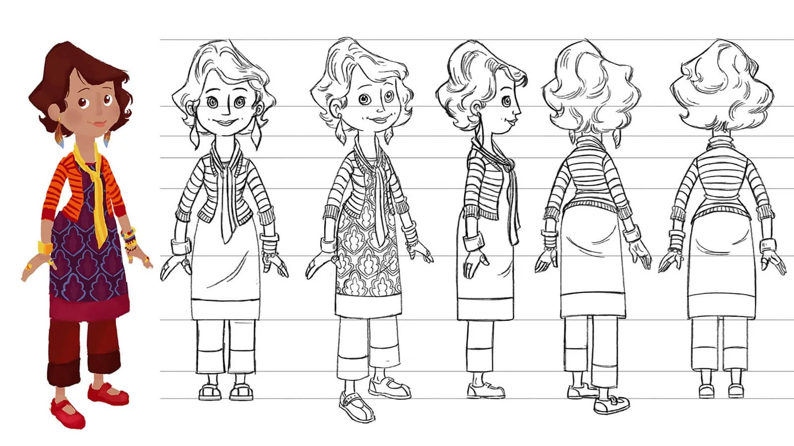 Mum character turnaround with front side and rear views for Boy and the Dinosaur