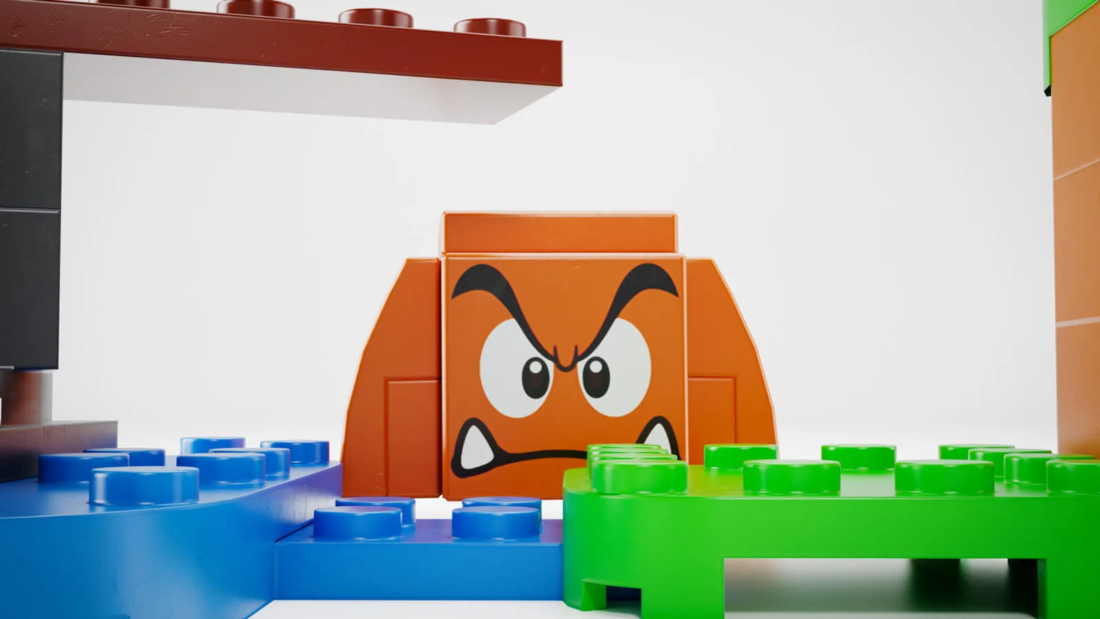 LEGO Goomba character among colourful course bricks