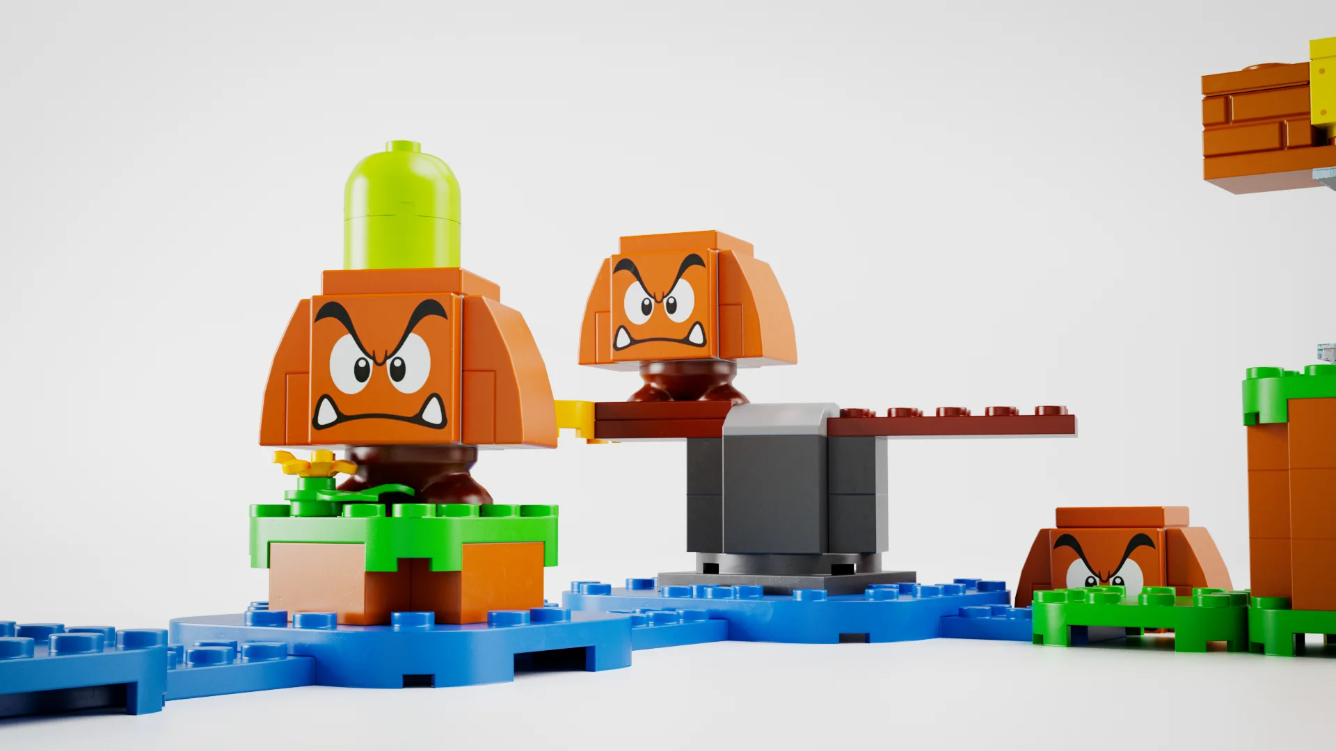 LEGO Goombas arranged across an obstacle course