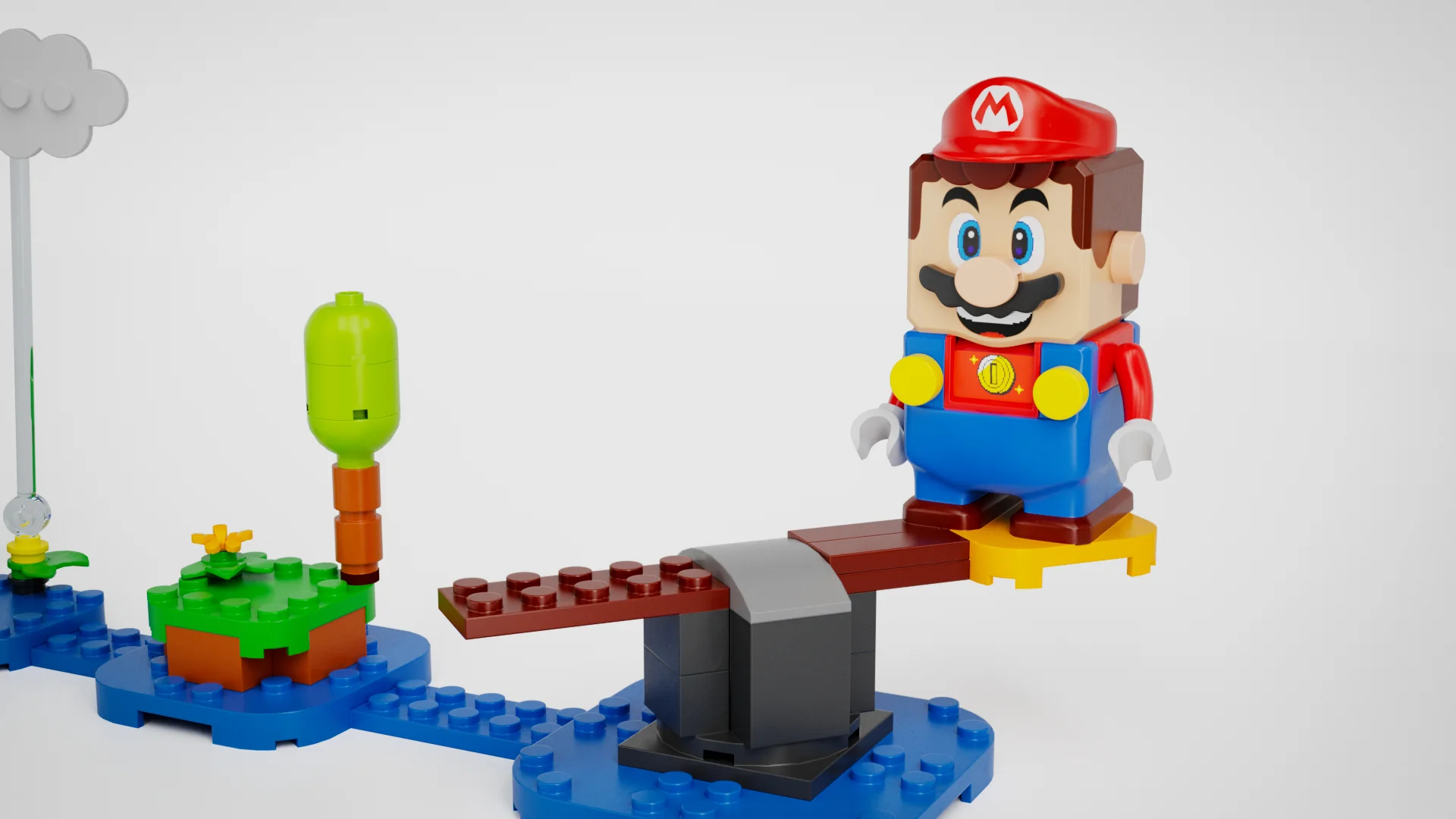 LEGO Mario balancing on a platform in the course