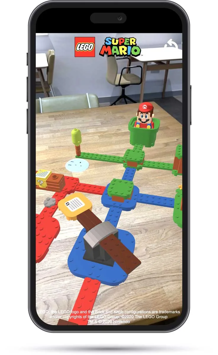 LEGO Super Mario course displayed in augmented reality on a phone