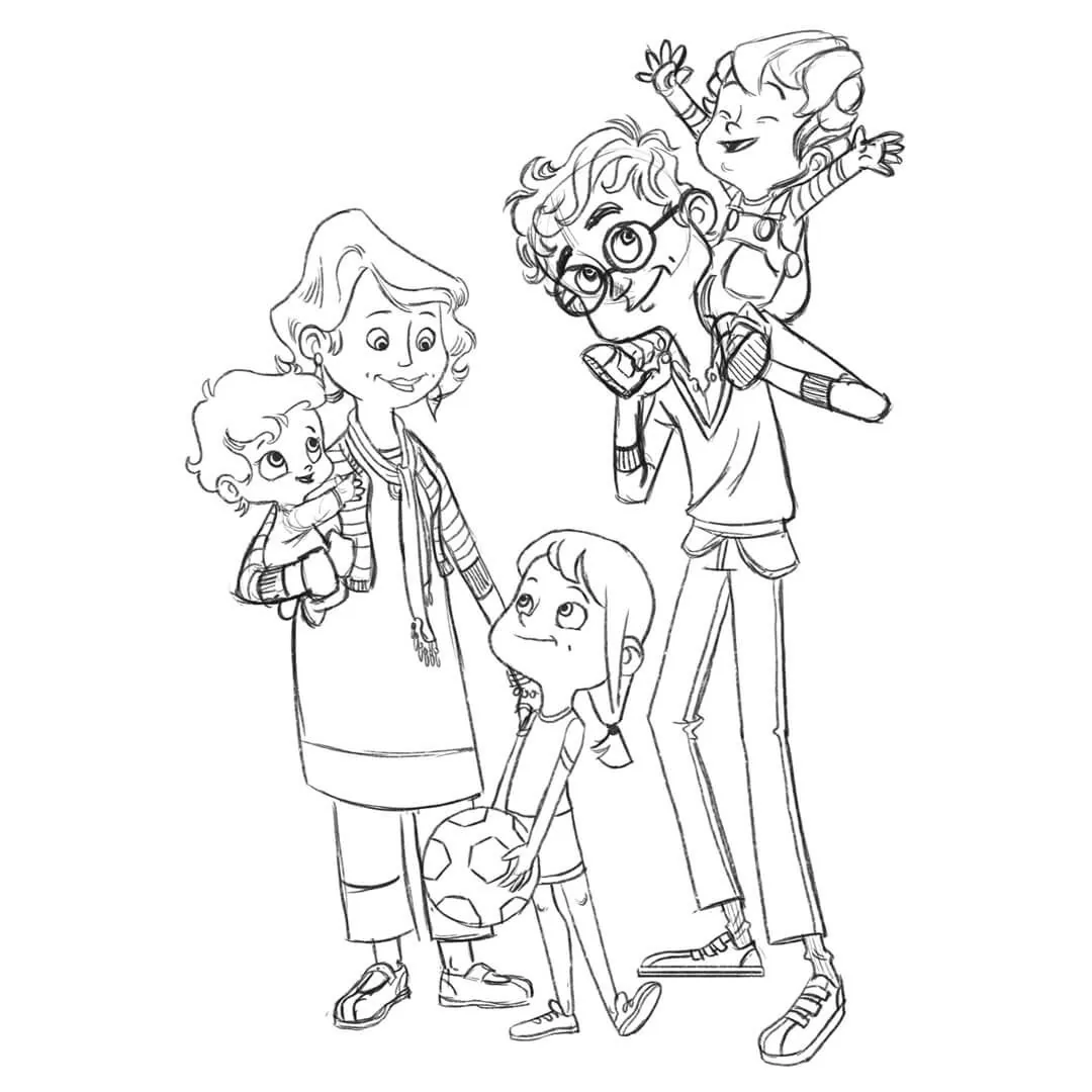 Pencil concept sketch of the family together for Boy and the Dinosaur