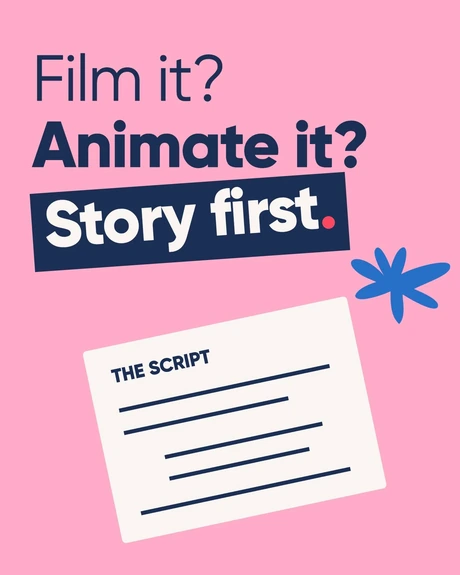Film it? Animate it? Story first. An illustrated script with a blue star.