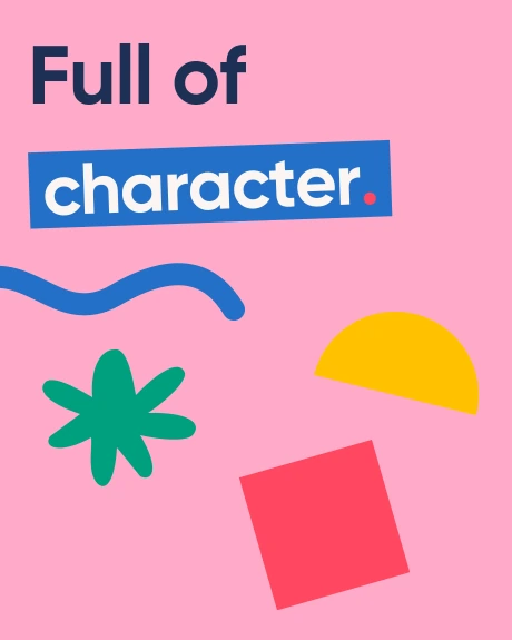 Full of character. Gilroy lettering, floating colourful shapes and a blue wavy line on pink.