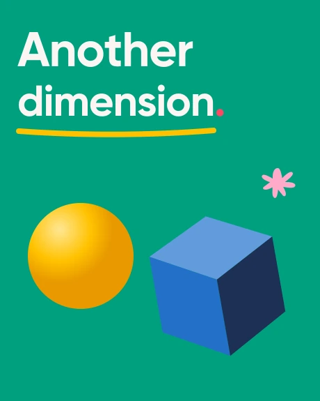 Another dimension. Cream lettering, a blue cube and a yellow sphere on green.