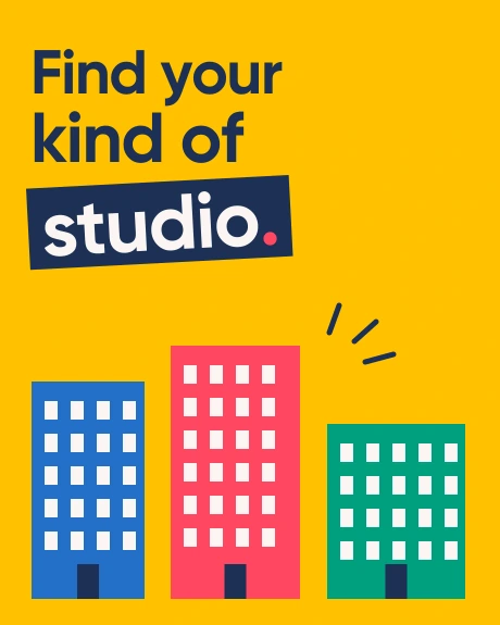 Find your kind of studio. Bold navy lettering and a collection of colourful studio buildings on a yellow background.
