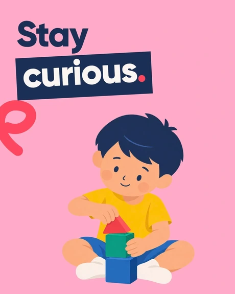 Stay curious. A young child sitting cross-legged and playing with colourful building blocks.