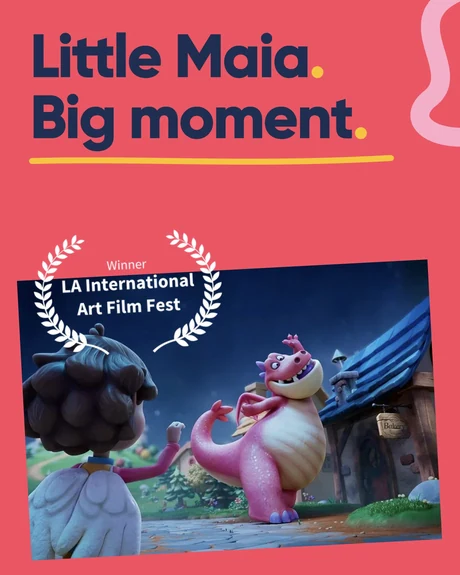 A tilted Magic Maia film still with a transparent LA International Art Film Fest laurel and a pink squiggle at the top right.