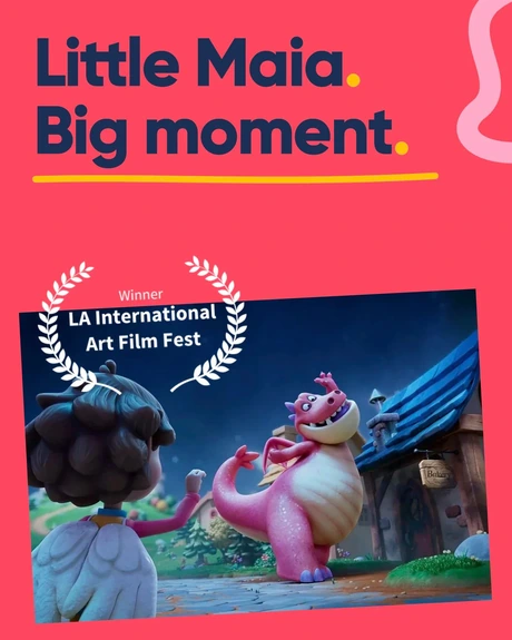 A tilted Magic Maia film still with a transparent LA International Art Film Fest laurel and a pink squiggle at the top right.