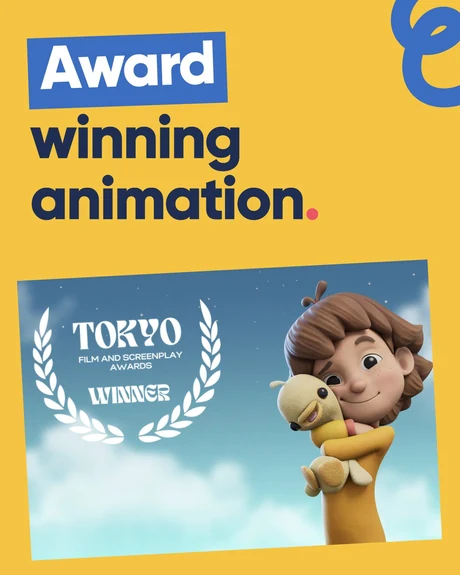 Award winning animation. A tilted Magic Maia film still with a transparent Tokyo Film & Screenplay Awards laurel and a blue squiggle at the top right.