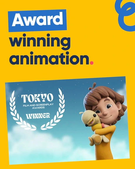 Award winning animation. A tilted Magic Maia film still with a transparent Tokyo Film & Screenplay Awards laurel and a blue squiggle at the top right.