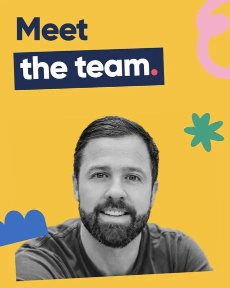 Meet the team. Jason Harding’s portrait on a tilted photo with a pink loop, green star and blue scalloped shape cropped at the edge on yellow.