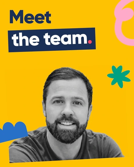 Meet the team. Jason Harding’s portrait on a tilted photo with a pink loop, green star and blue scalloped shape cropped at the edge on yellow.