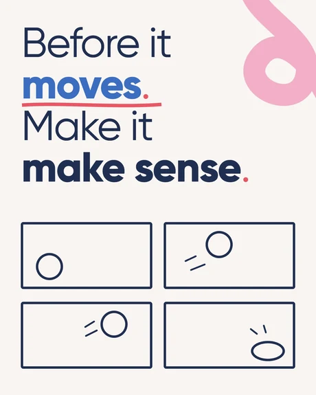 Before it moves. Make it make sense. Four navy-outlined storyboard frames show a ball bouncing.