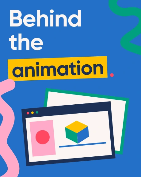 Behind the animation. Layered animation windows and a cube on blue.