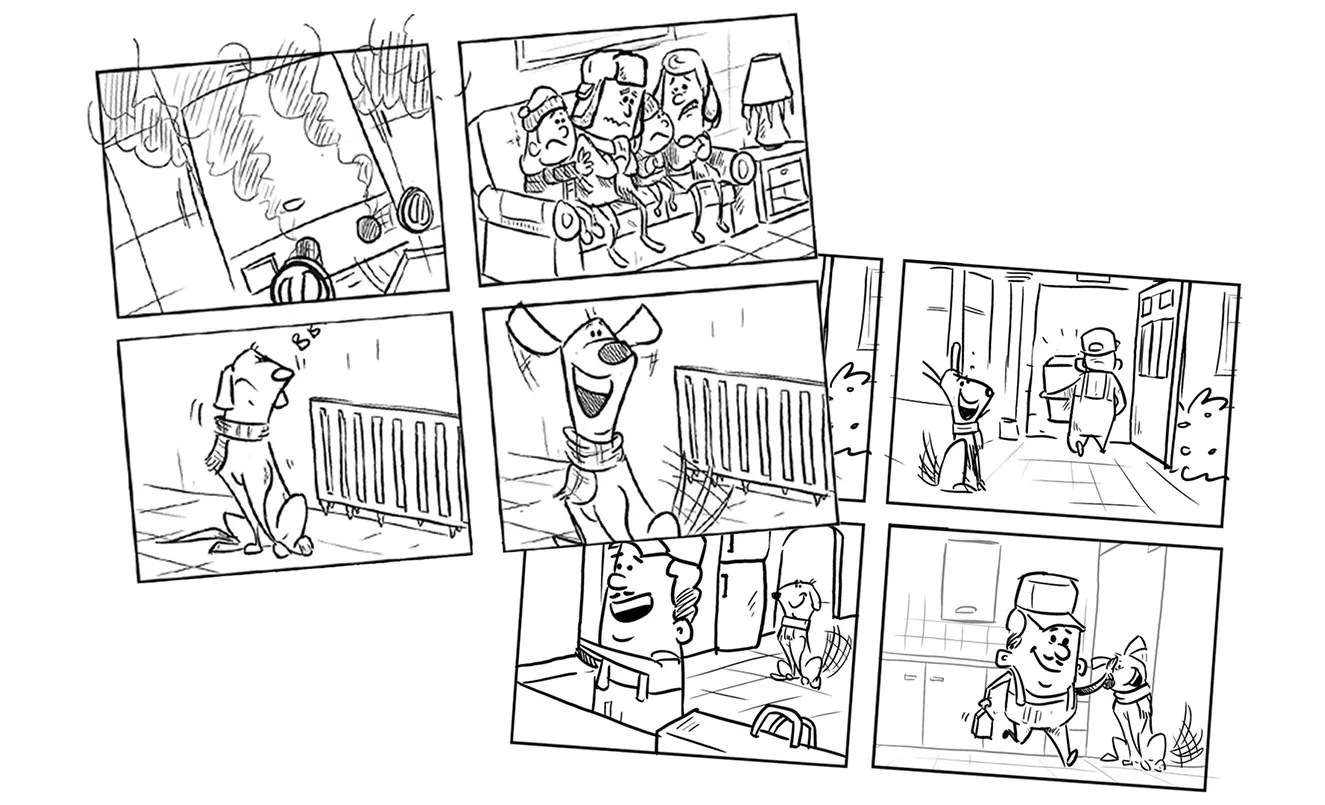 Animation storyboard panels showing shots and character actions